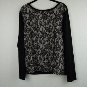 Chicos Black Lace Long Sleeve Top Blouse Womens Sz 2 L Career Casual Luxe Artsy